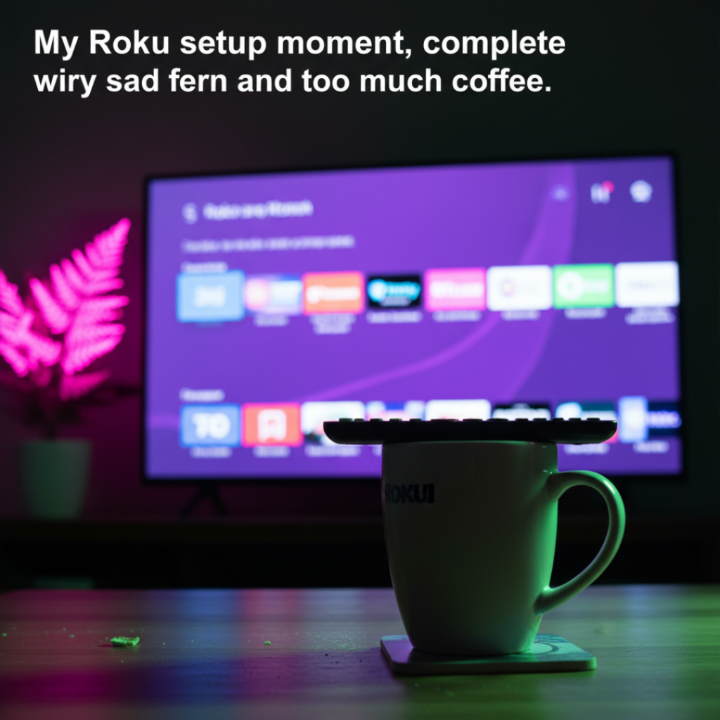 Roku remote on a coffee mug, TV showing Roku home screen, neon fern.