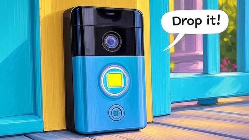 I generated images with the prompt: 'High-res (1920x1080) Impressionistic digital painting with soft edges, showing a Ring Battery Doorbell Plus on a lively porch from a tilted smartphone POV, featuring a glowing battery icon, package detection, and a fleeing shadow, with speech bubbles saying “Drop it!”, in a wryly humorous relief tone, using a palette of sunny yellows, vibrant turquoises, and magenta pops, embodying wireless ease.'