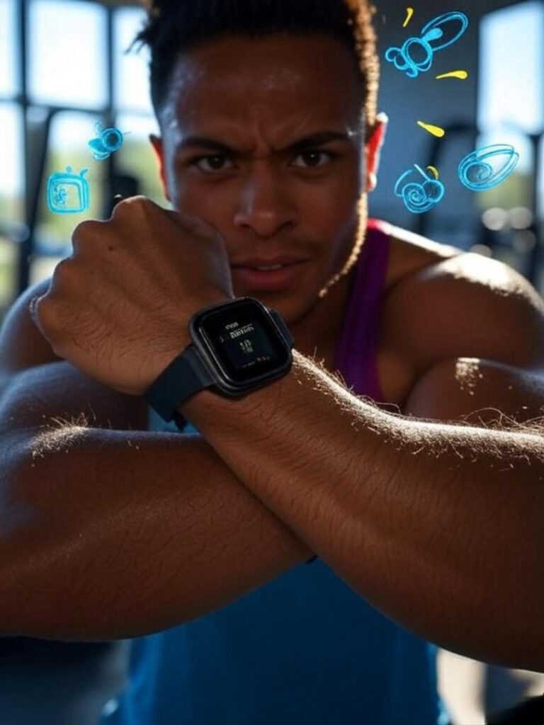 Close-up of sweaty arms with Ultra and Series 9 watches, blue and yellow sweat icons.