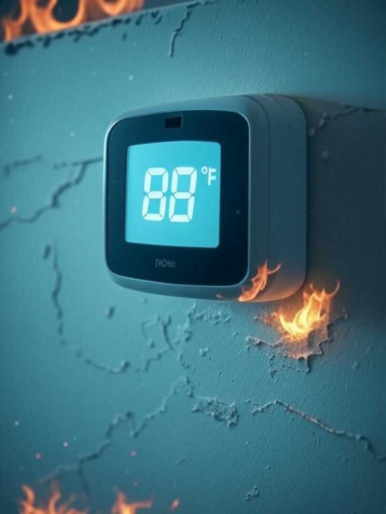 Smart thermostat on chipped wall, 88°F, snowflakes and flames, vintage vibe.