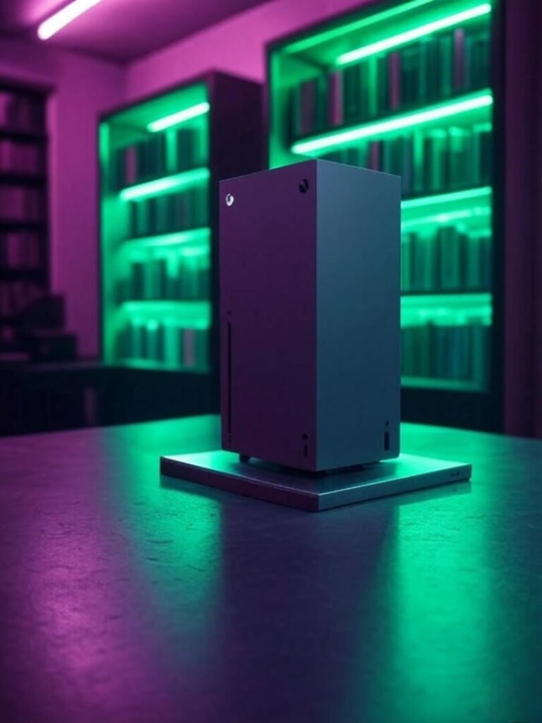 Neon-lit Xbox Series X on stand with glowing Game Pass library backdrop.