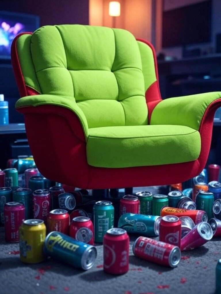 Plush lime green Kaiser 3 chair amid scattered crimson energy drink cans.