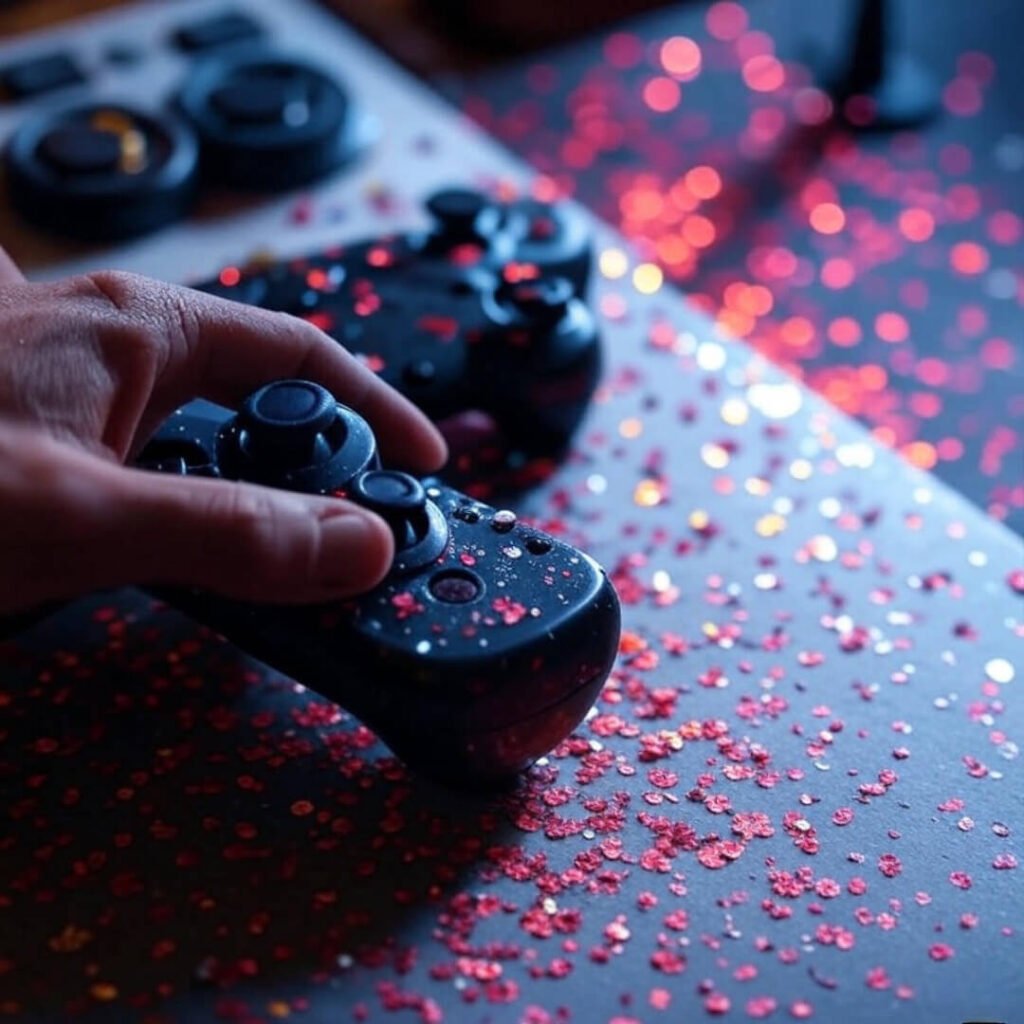 Hand soldering cheap controller mod with confetti dust bunnies in fiery reds.