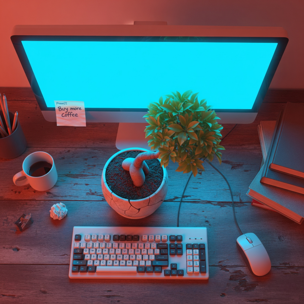 A top-down view of a vintage desk with a monitor, bonsai, and a crumpled note.