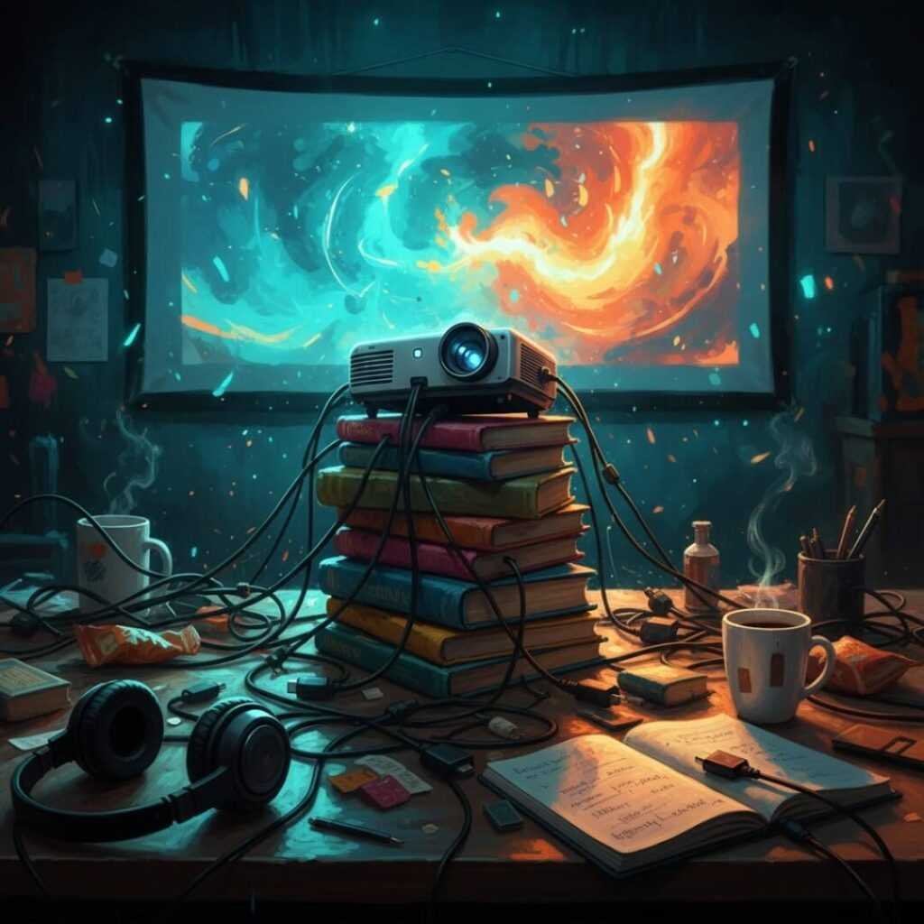 Messy desk with projector on books, tangled cables, glowing movie screen.