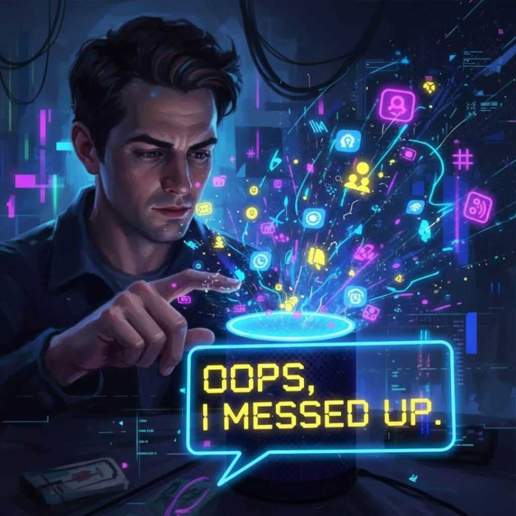 Person pokes Alexa, holographic icons swirl, neon "Oops, I messed up" speech bubble.