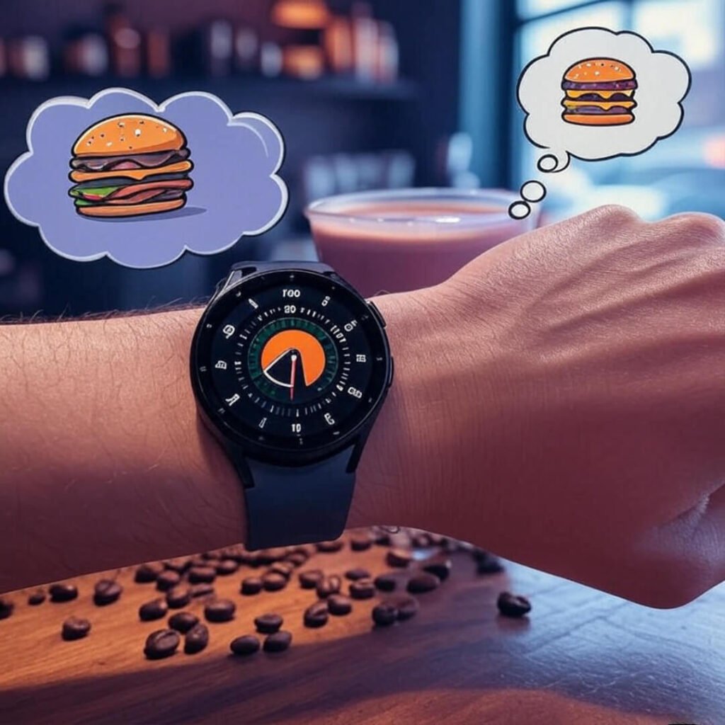 Wrist with Samsung Galaxy Watch, stress graph, lavender latte, burger thought bubble.