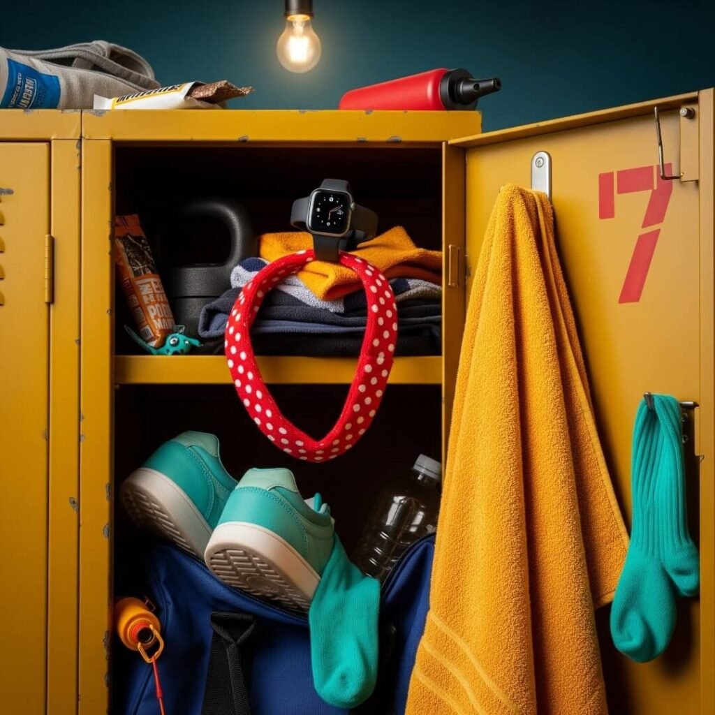 A cluttered gym locker with a smartwatch, retro headband, and other gear.