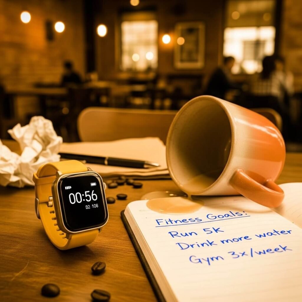 A vintage-style photo of a smartwatch, spilled latte, and a notebook.