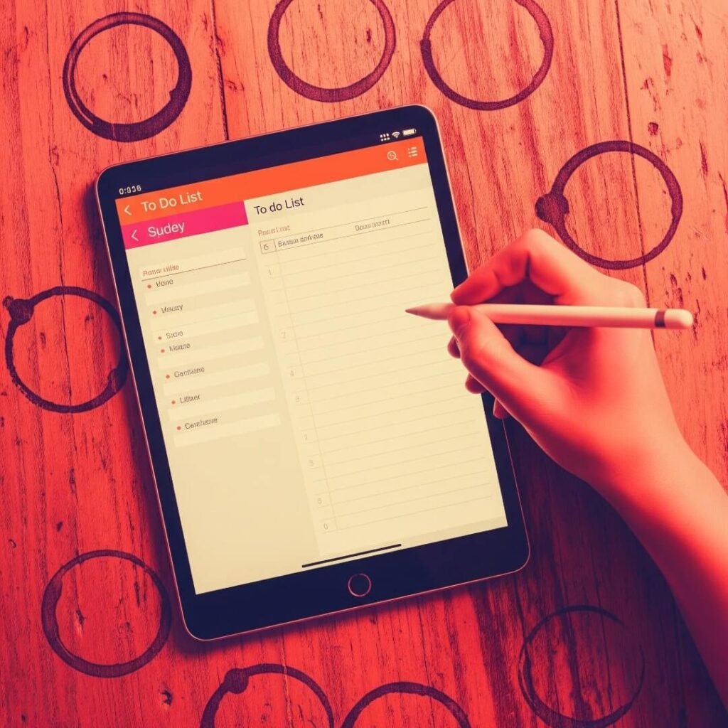 A hand scribbling a to-do list on a tablet, surrounded by coffee rings.