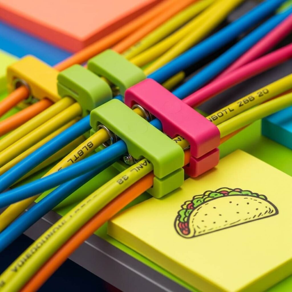 A close-up of brightly colored cables held by neon-pink and lime-green clips.