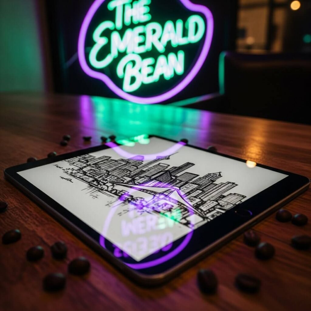 An iPad with a screen protector and a sketch of Seattle's skyline.