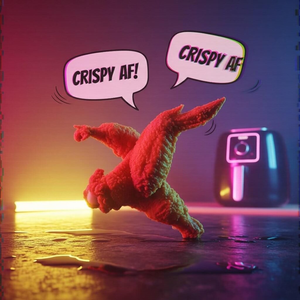 A chicken wing breakdancing on a neon-lit counter.
