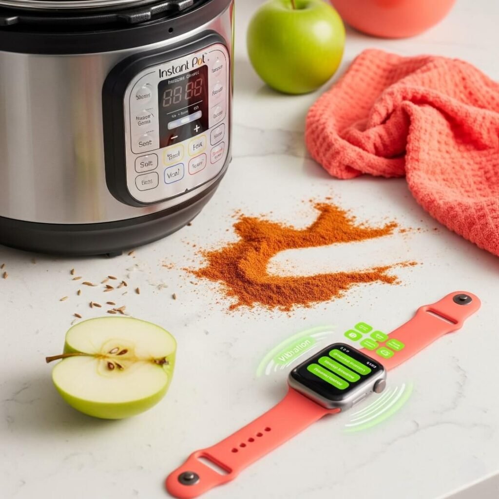 A messy countertop with a spilled spice and a smartwatch.
