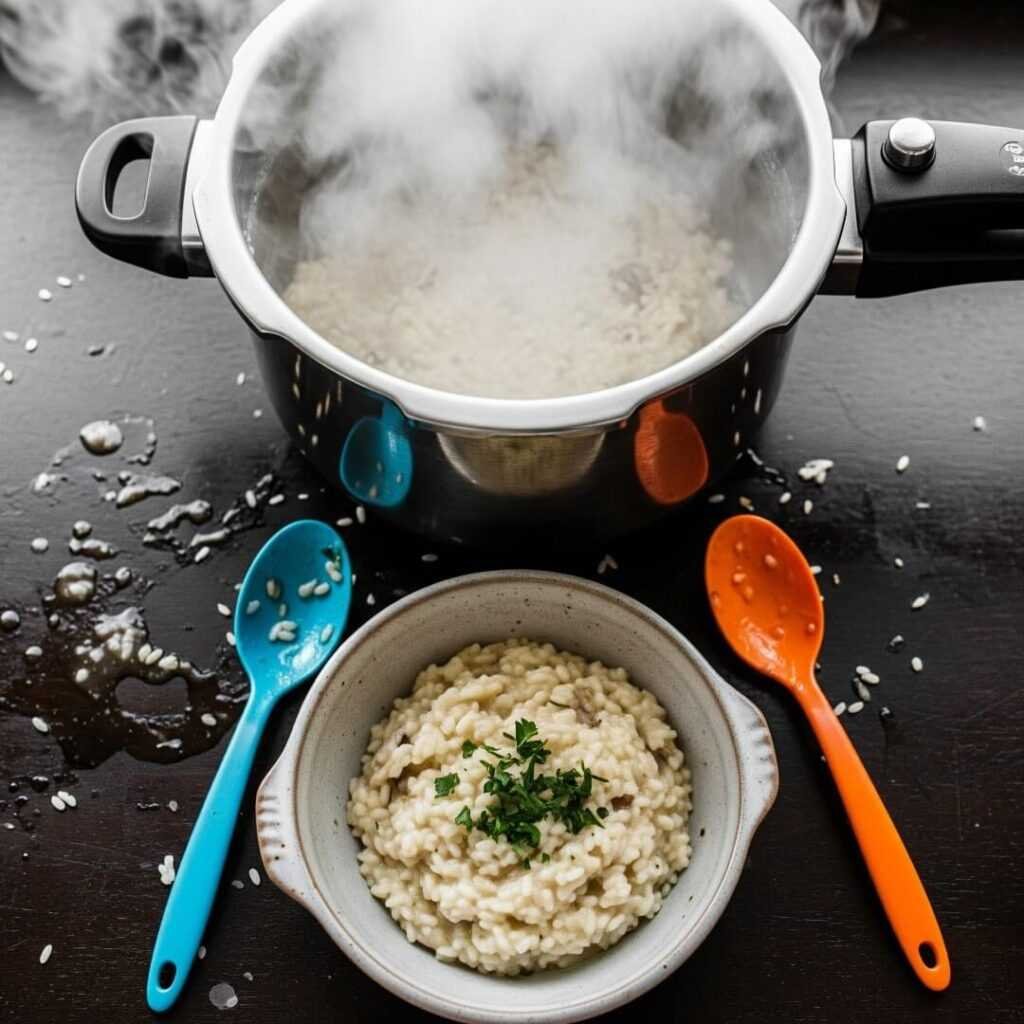 A top-down photo of a pressure cooker, with a bowl of risotto and colorful spoons.