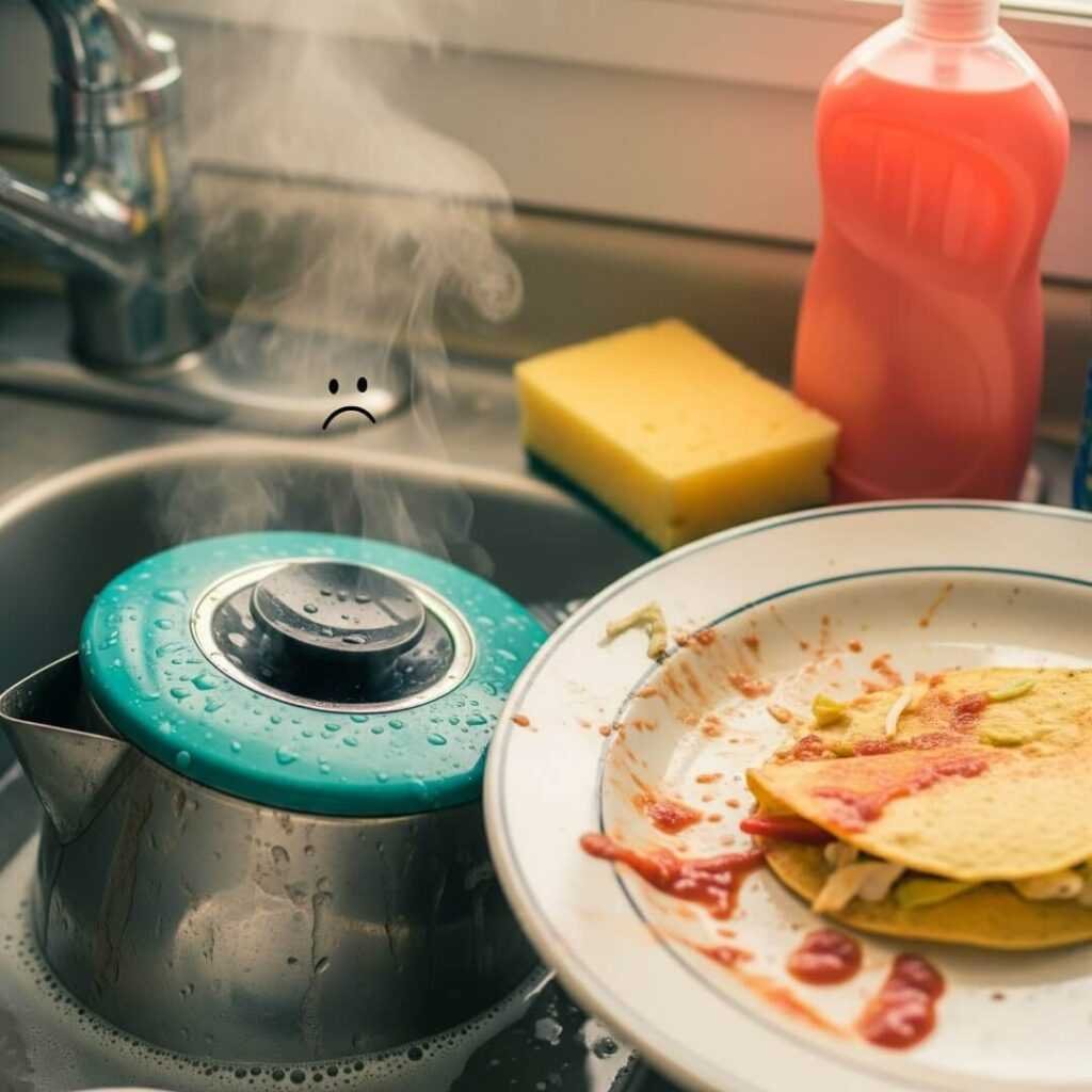 A teal kettle's lid is half-submerged in a soapy sink with a dirty plate.