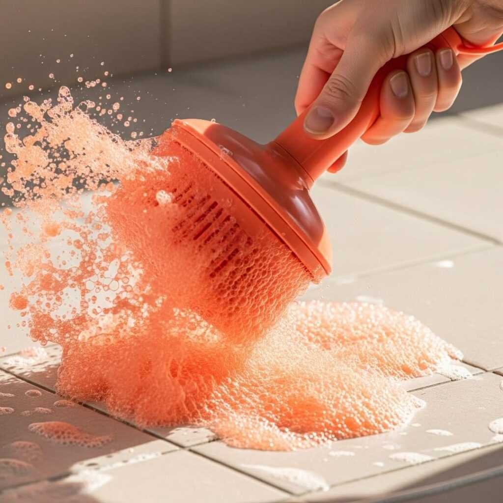 A hand awkwardly holds a spin scrubber while coral-colored suds fly.