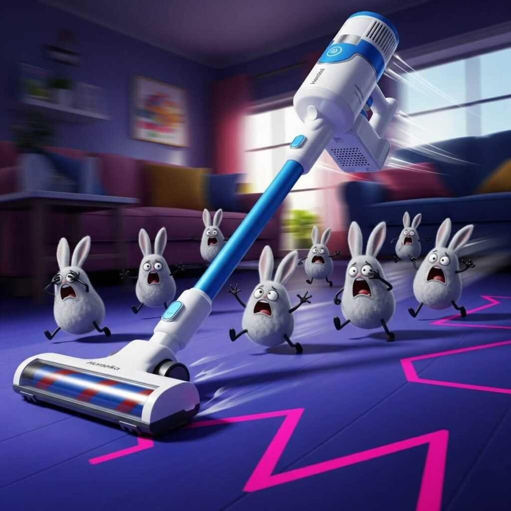 A cartoonish vacuum chases terrified dust bunnies across a vibrant, pop-art floor.