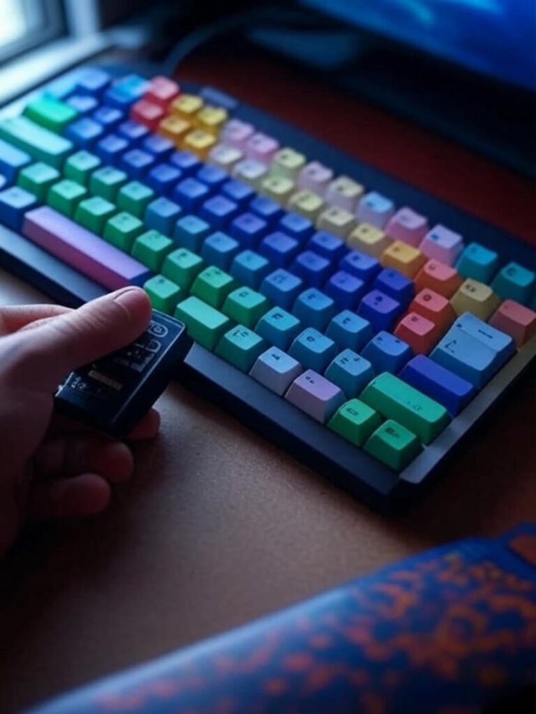65% keyboard with colorful keycaps, hand holds switch tester, vibrant colors.