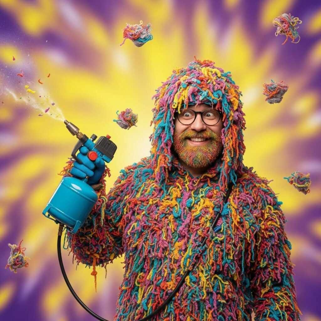 A person covered in colorful lint, holding an air compressor with a grin.