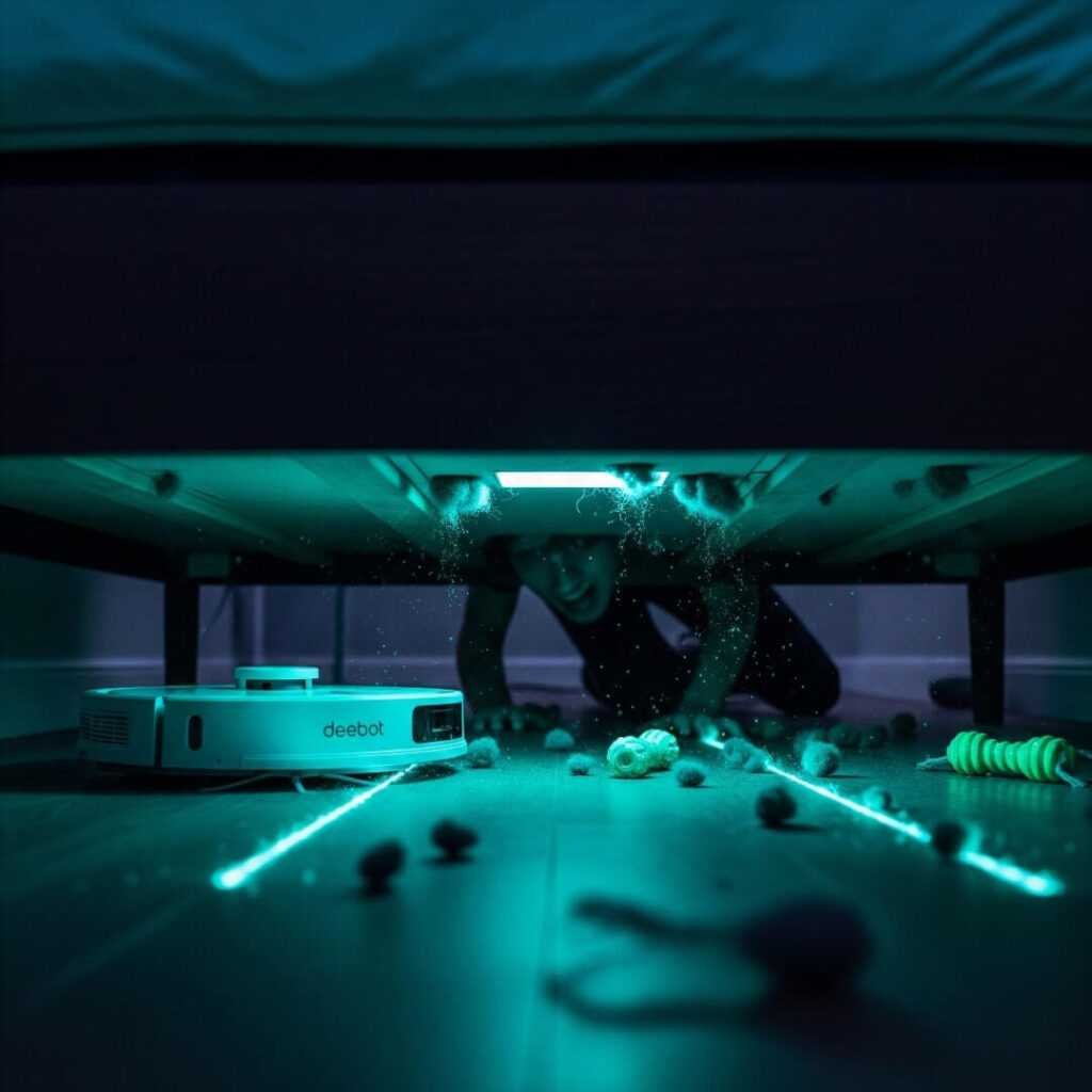 Deebot Ozmo T8 under bed, UV glow on dust and dog toys.
