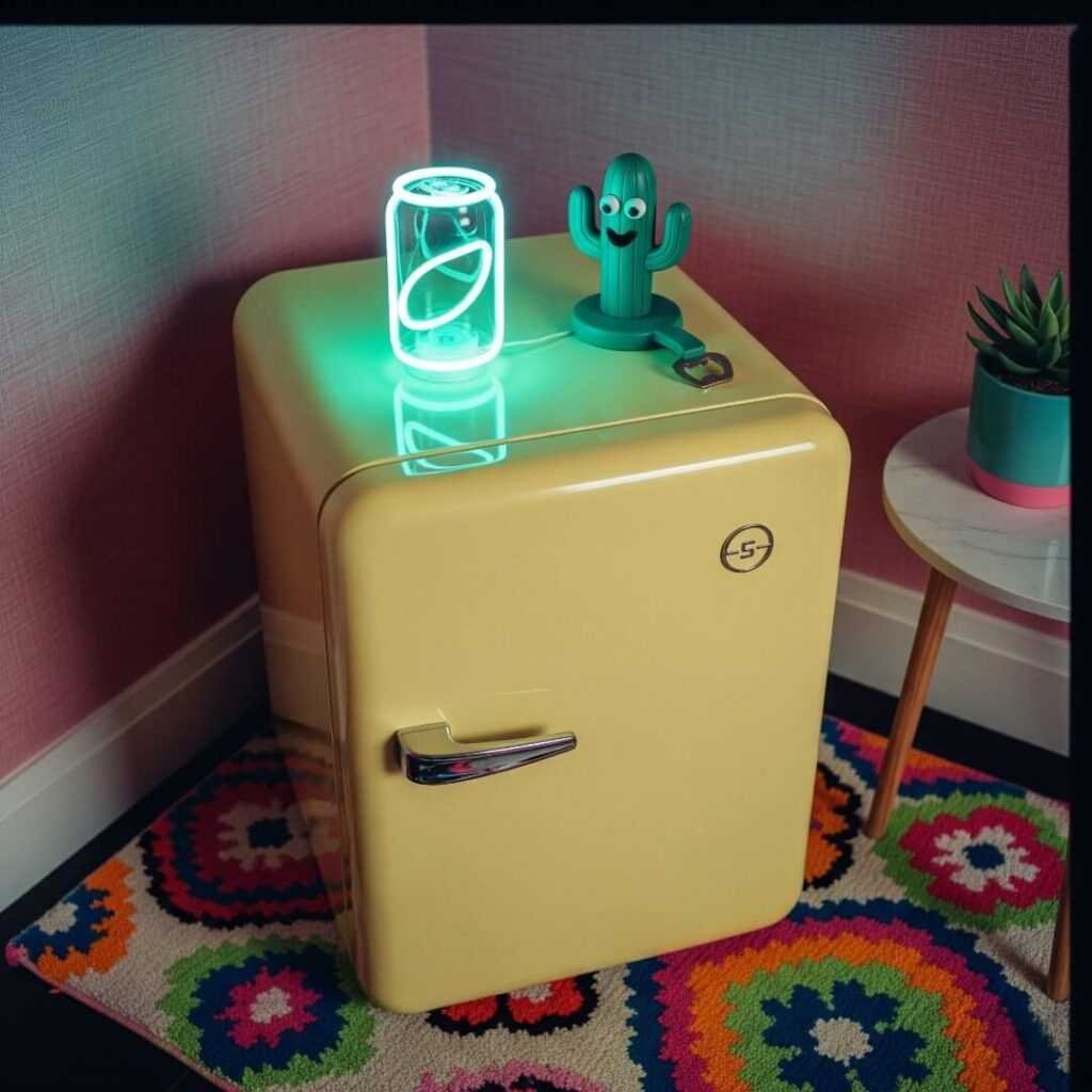 A retro mini fridge on a colorful rug with a neon soda can.