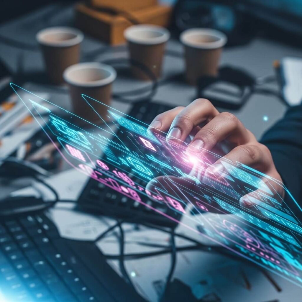 A hand fumbling a holographic interface on a messy desk with coffee cups.