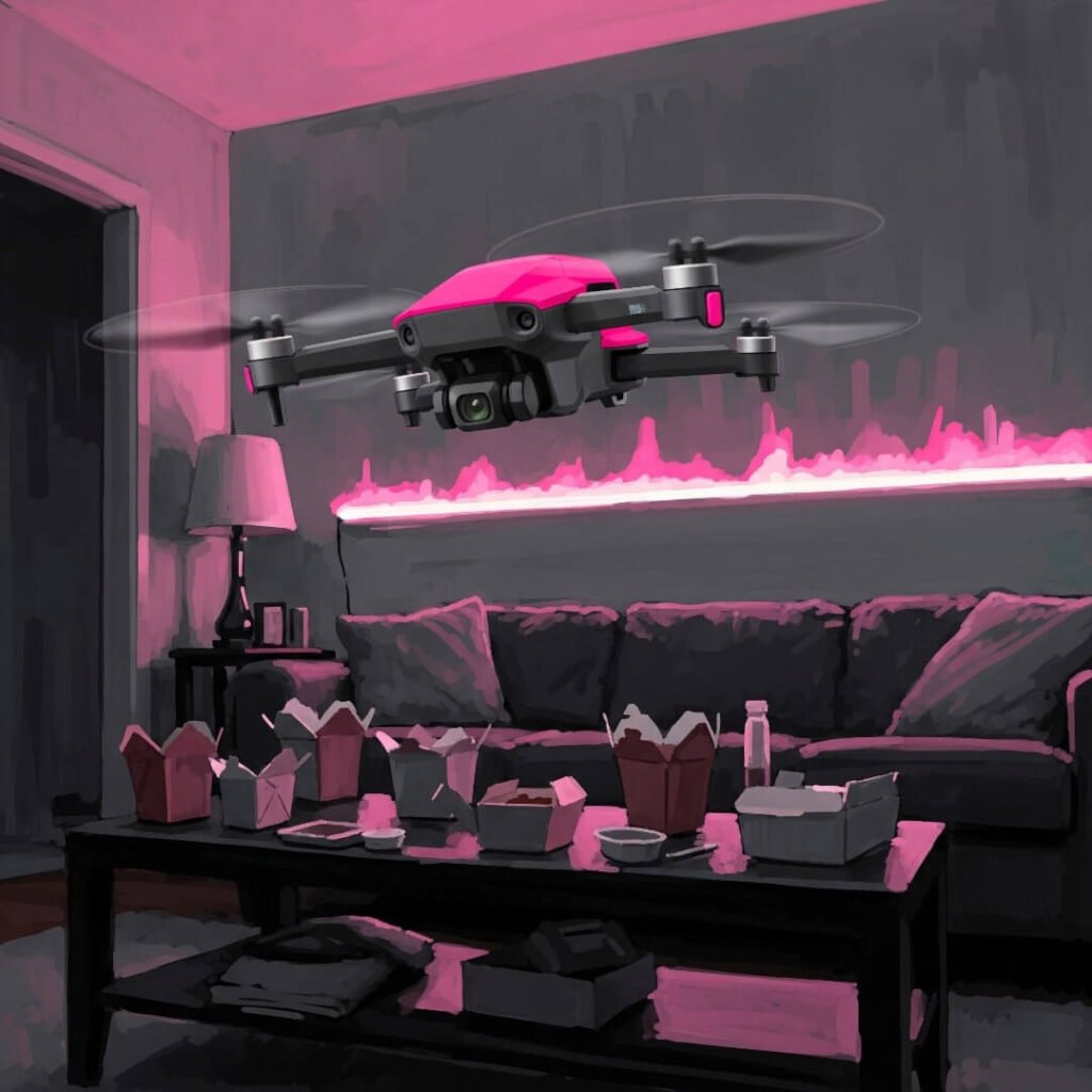A pink drone hovers over a coffee table with takeout containers.