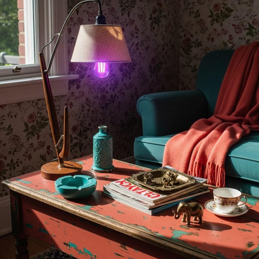 A living room with a purple smart bulb and a coral-colored coffee table.