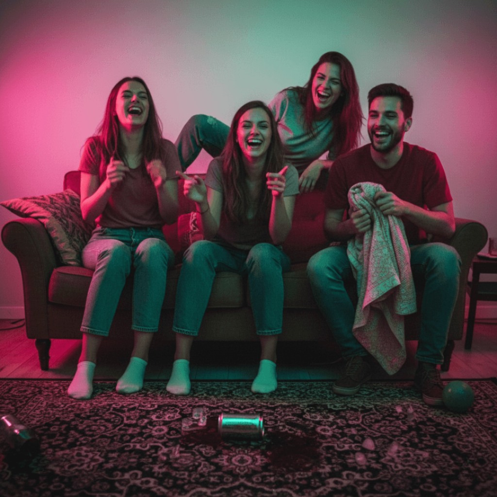 Friends laugh on a couch, lit by a projector, with a spilled soda can.