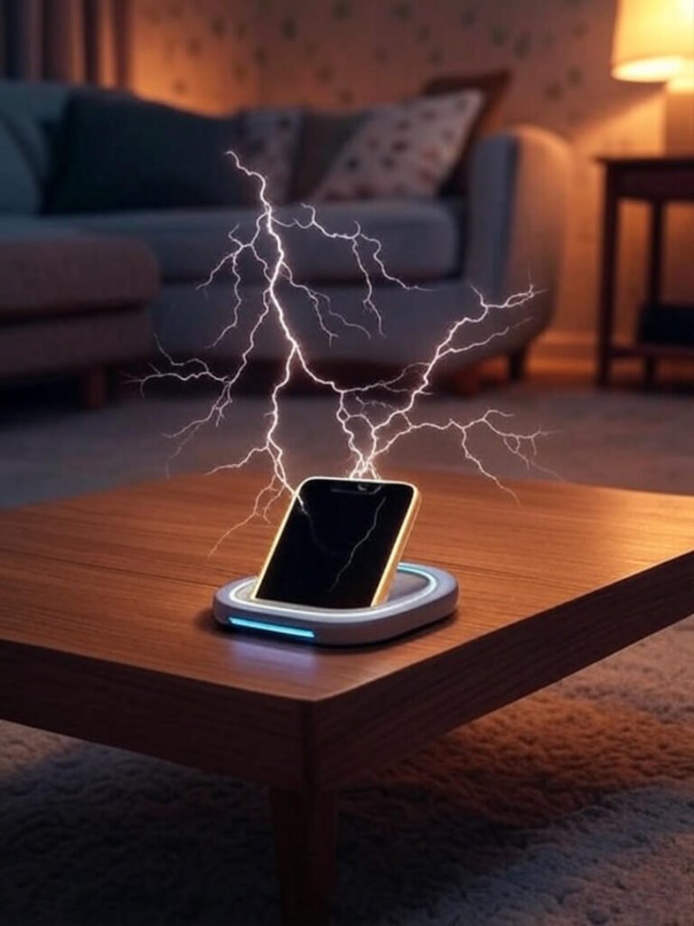 Cozy coffee table with glowing MagSafe charger, iPhone, and dancing lightning bolts.