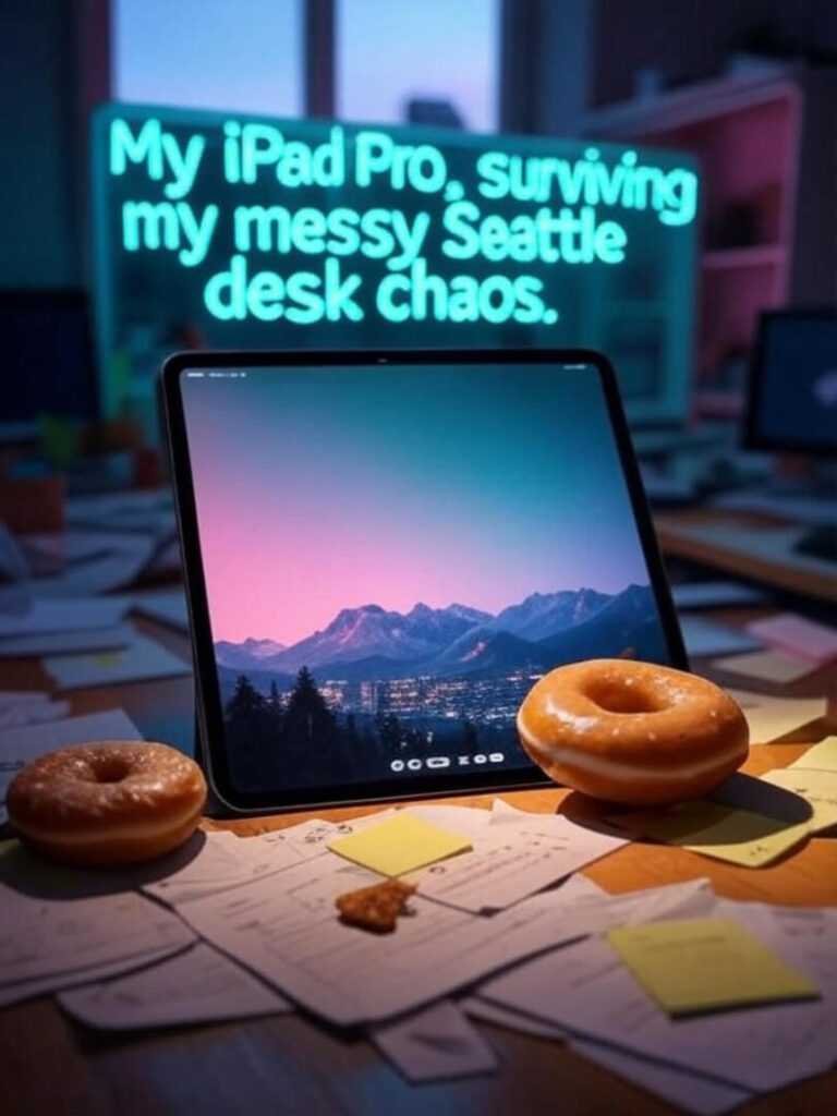 iPad Pro on cluttered desk, sticky notes, half-eaten donut, neon sign glow.