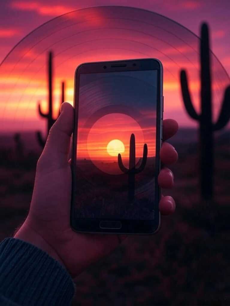 Hand holding EWA A106 Pro against Austin sunset with cacti and vinyl.