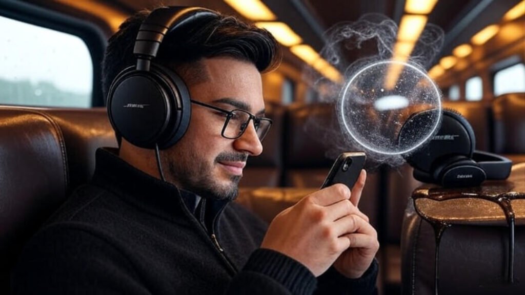 Man on Amtrak train uses JLab ANC headphones, outperforms damaged Bose, $80 vs $300.