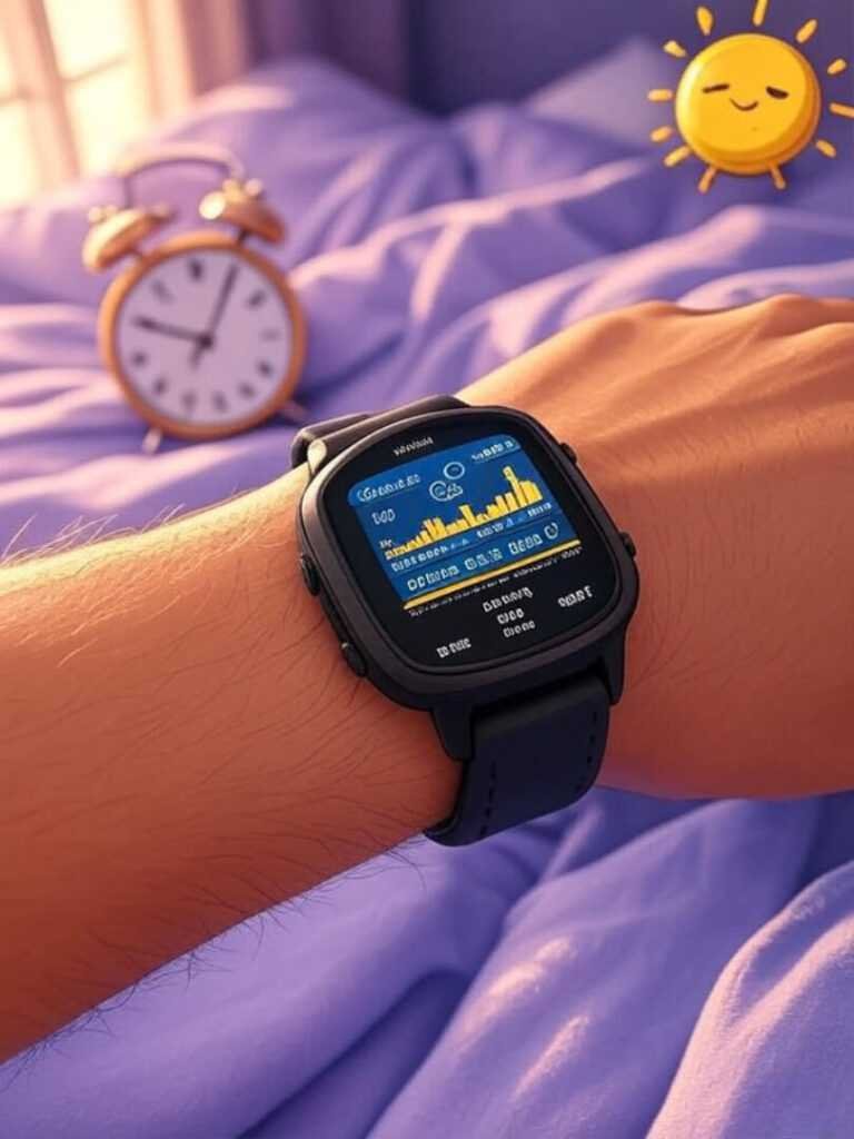Garmin Venu shows sleep data on wrist, snoring alarm clock on messy lavender bedsheets.