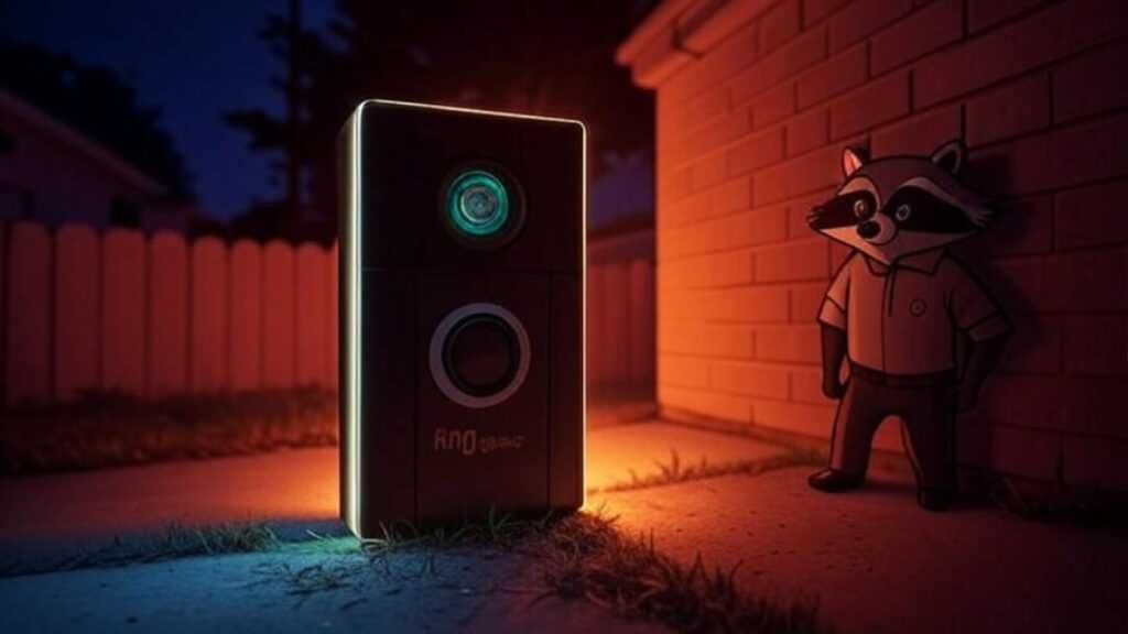 Vintage Polaroid view: Ring Doorbell Pro, glowing paths, night vision, cartoon raccoon.