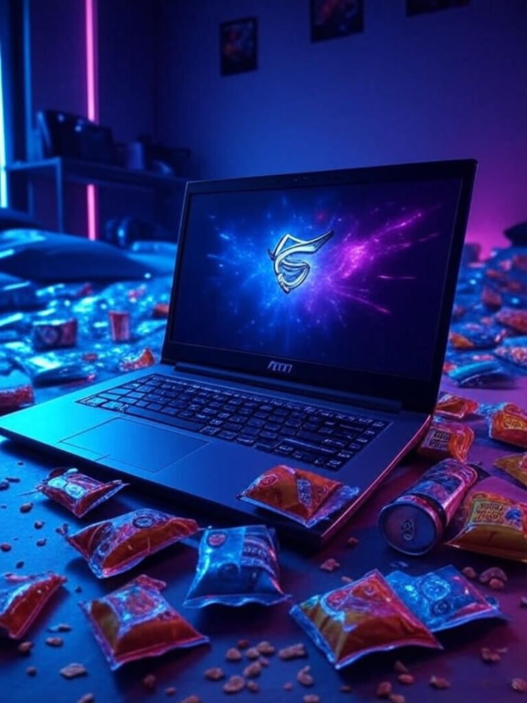 Overhead view of MSI Katana in neon-lit gamer den with snack debris, vibrant blues and pinks.