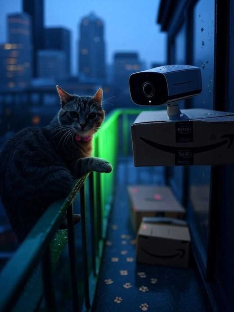 Smart camera on soggy balcony, blurry cat tips Amazon box, paw prints.