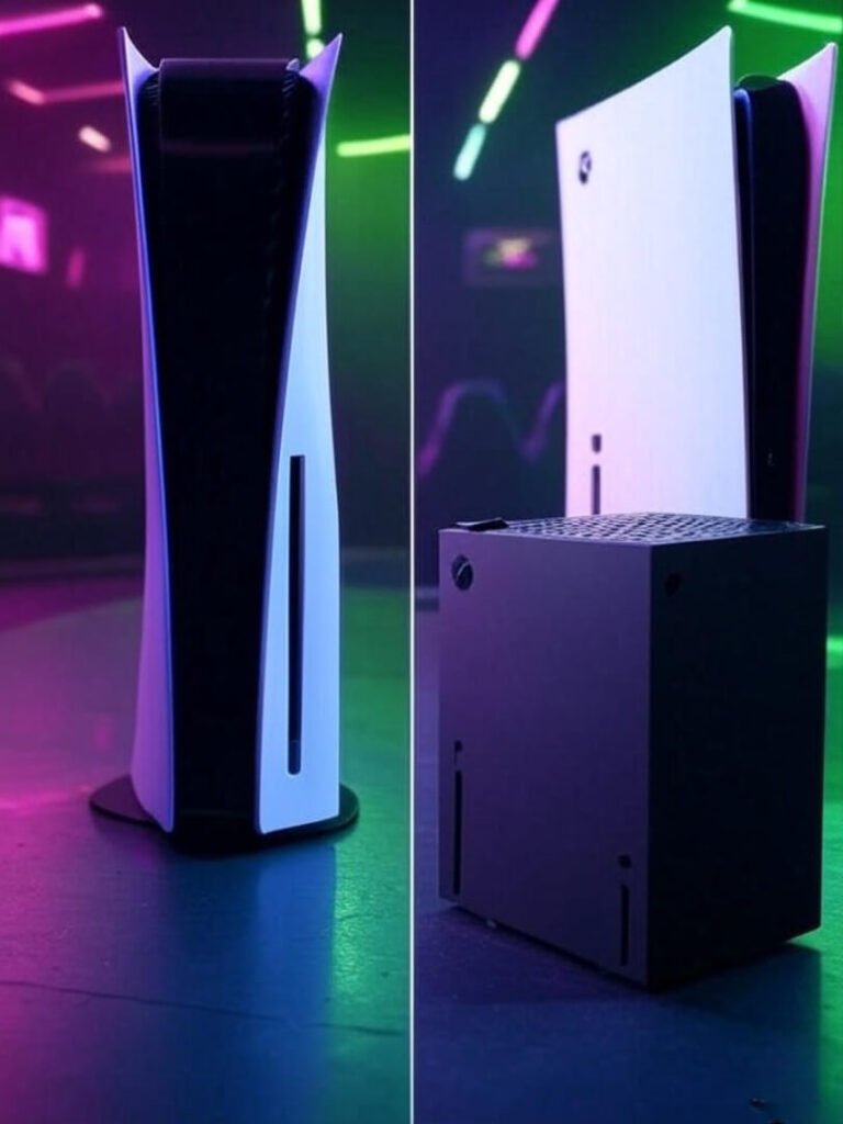 Neon-lit PS5 vs Xbox Series X face-off in arena, retro sprites cheering.