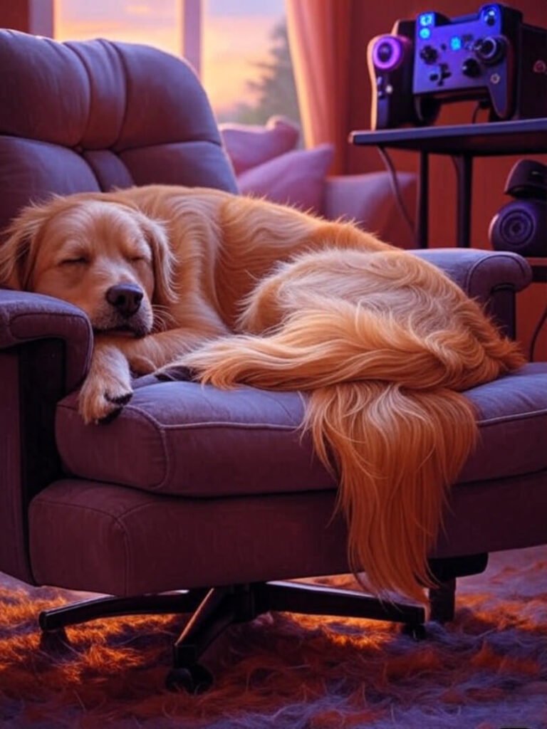 Dog napping on Kaiser 3 chair, glowing gaming rig, burnt orange, soft lavender.