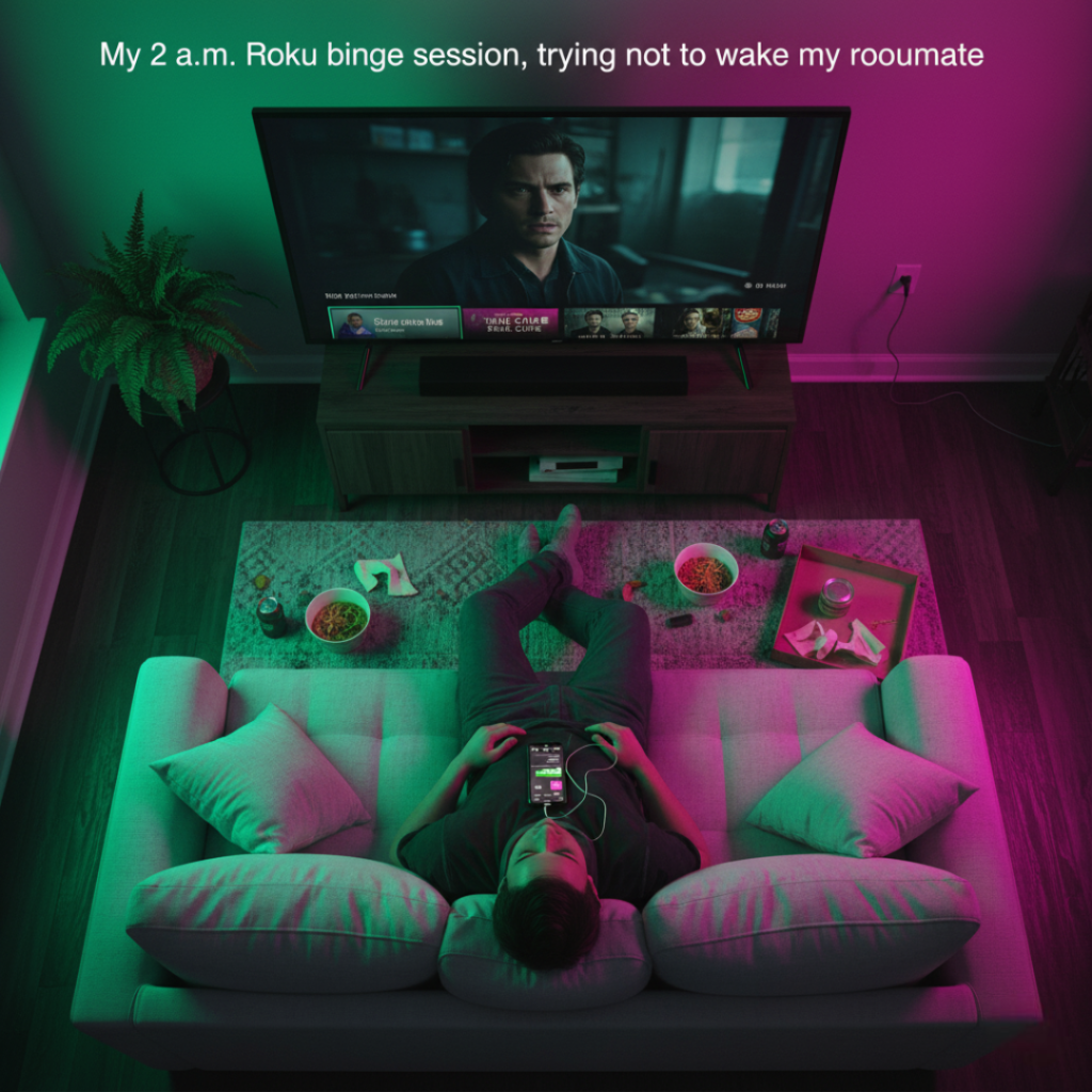 Top-down view of someone on a couch, watching TV with headphones.