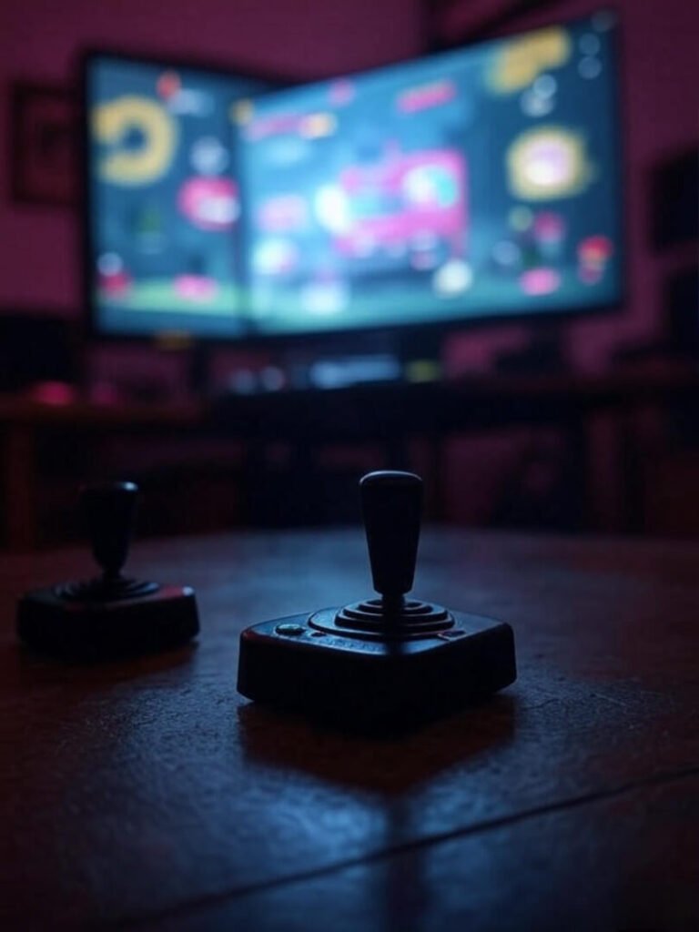 Blurry game monitor, dropped phone view, retro joystick, hot pink and mustard yellow.
