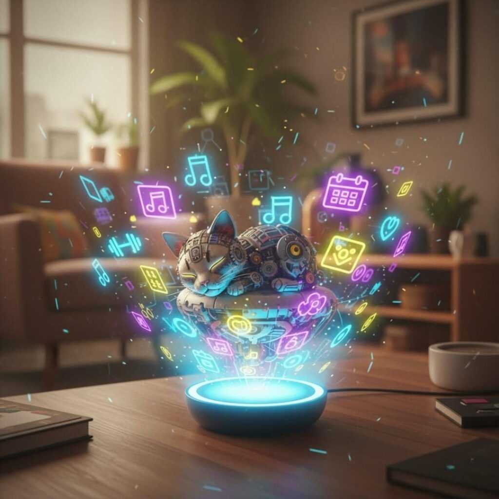 Alexa projects neon icons, robot cat naps on device in cozy apartment.
