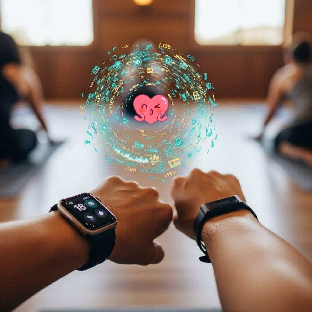 "First-person view of a person checking a smartwatch during yoga."