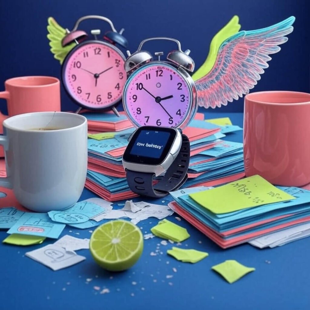 Messy desk with Fitbit Inspire 3, bills, mugs, glowing winged alarm clock.