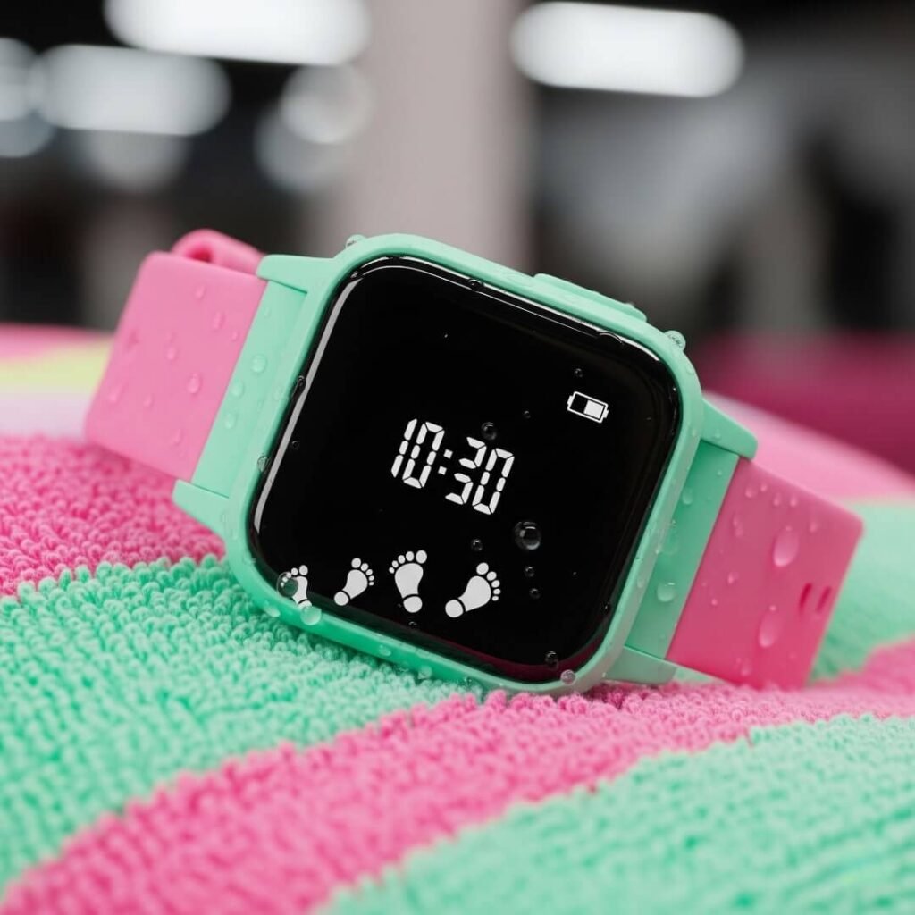 A mint green and pink smartwatch sits on a striped gym towel.