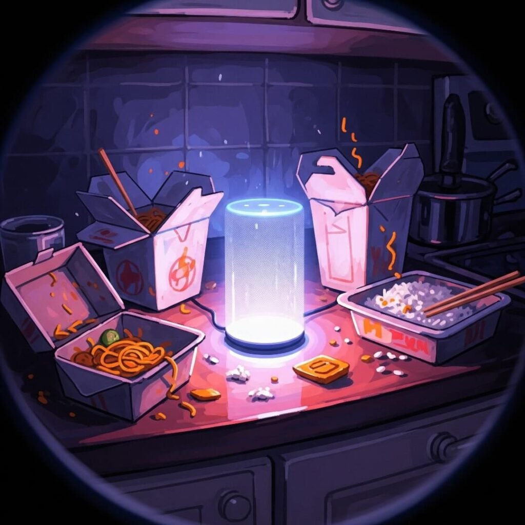 A glowing smart speaker surrounded by takeout boxes on a counter.