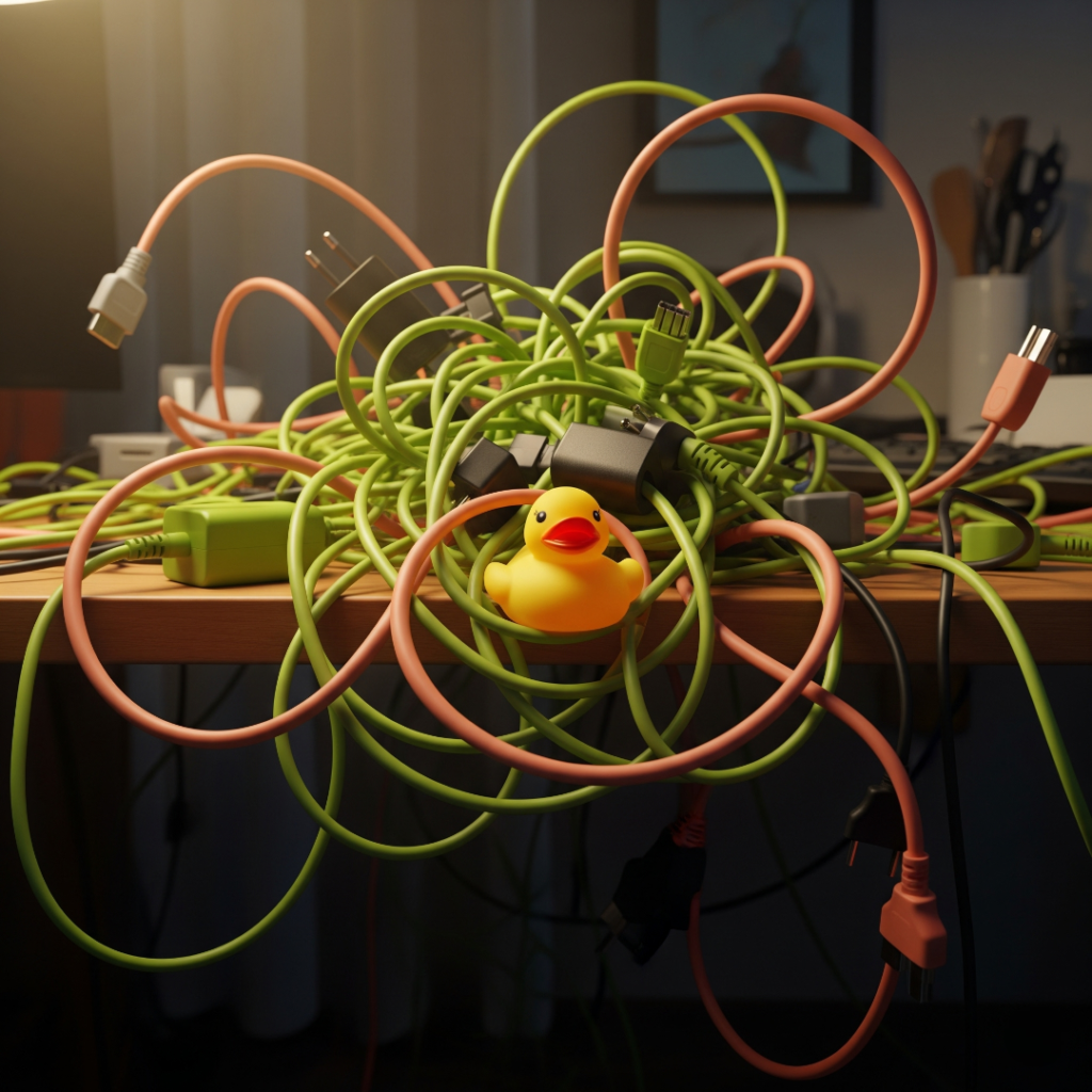 A messy tangle of lime green and soft coral cables with a rubber ducky.
