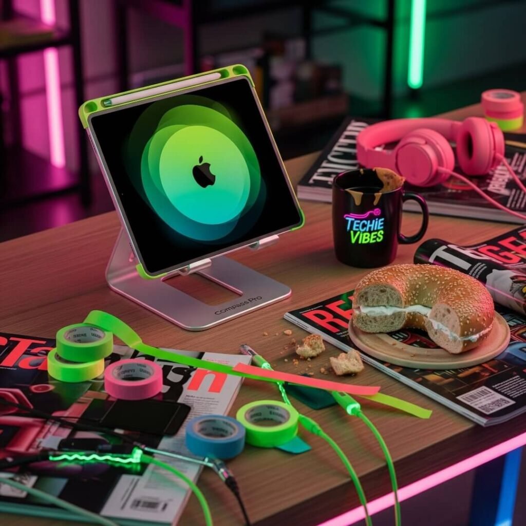 An iPad on a stand on a messy desk with neon washi tape and a bagel.
