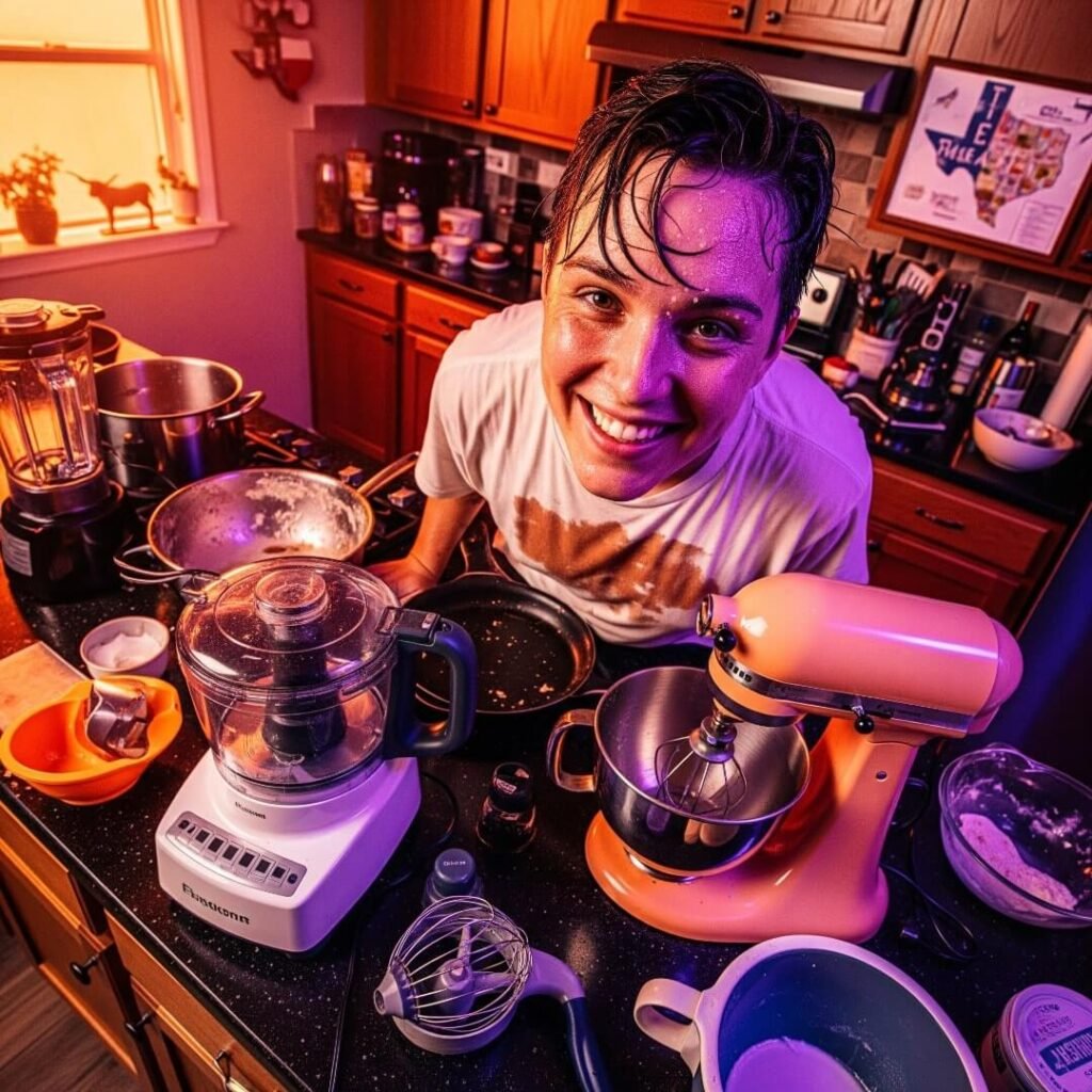 A tilted shot of a smiling, sweaty person in a kitchen with scattered gadgets.